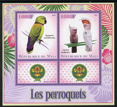 Mali 2013 Parrots perf sheetlet containing two values & two labels showing Scouts Badge unmounted mint