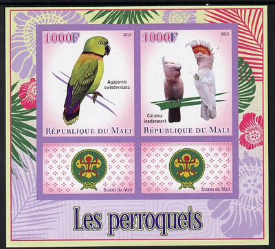 Mali 2013 Parrots imperf sheetlet containing two values & two labels showing Scouts Badge unmounted mint