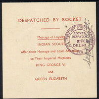 India 1937 Rocket Mail Loyalty greeting from Indian Scouts with Rocket Despratch cachet and signed