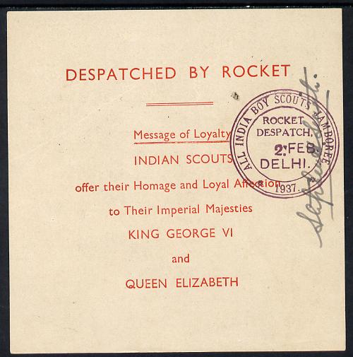 India 1937 Rocket Mail Loyalty greeting from Indian Scouts with Rocket Despratch cachet and signed
