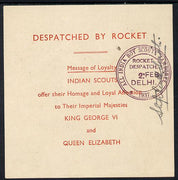 India 1937 Rocket Mail Loyalty greeting from Indian Scouts with Rocket Despratch cachet and signed