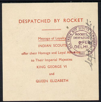 India 1937 Rocket Mail Loyalty greeting from Indian Scouts with Rocket Despratch cachet and signed