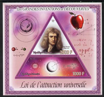 Gabon 2014 Great Inventions & Discoveries - Newton's Law of Universal Attraction perf sheetlet containing two values (triangular & trapezoidal shaped) unmounted mint