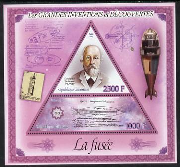 Gabon 2014 Great Inventions & Discoveries - The Rocket perf sheetlet containing two values (triangular & trapezoidal shaped) unmounted mint