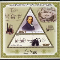 Gabon 2014 Great Inventions & Discoveries - Railway Locomotive perf sheetlet containing two values (triangular & trapezoidal shaped) unmounted mint