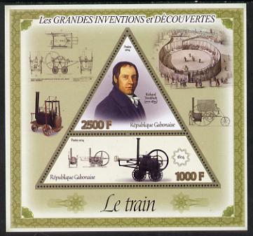 Gabon 2014 Great Inventions & Discoveries - Railway Locomotive perf sheetlet containing two values (triangular & trapezoidal shaped) unmounted mint
