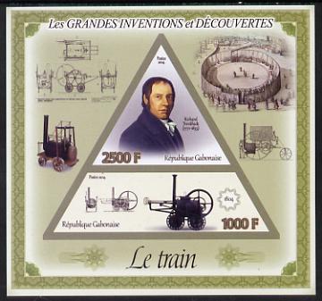 Gabon 2014 Great Inventions & Discoveries - Railway Locomotive imperf sheetlet containing two values (triangular & trapezoidal shaped) unmounted mint