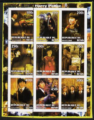 Benin 2002 Harry Potter perf sheetlet containing 9 values unmounted mint with first column only perforated. Note this item is privately produced and is offered purely on its thematic appeal, it has no postal validity