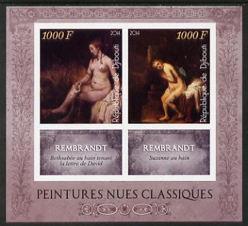 Djibouti 2014 Classical Nude Painters - Rembrandt imperf sheetlet containing two values plus two labels unmounted mint