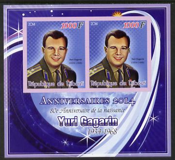 Djibouti 2014 Anniversaries - Yuri Gagarin imperf sheetlet containing two values unmounted mint