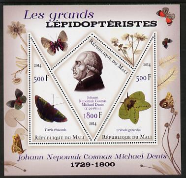 Mali 2014 Famous Lepidopterists & Butterflies - Johann Michael Denis perf sheetlet containing one diamond shaped & two triangular values unmounted mint