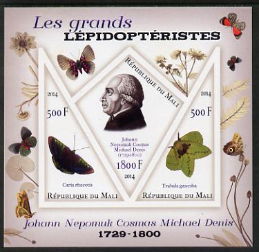 Mali 2014 Famous Lepidopterists & Butterflies - Johann Michael Denis imperf sheetlet containing one diamond shaped & two triangular values unmounted mint