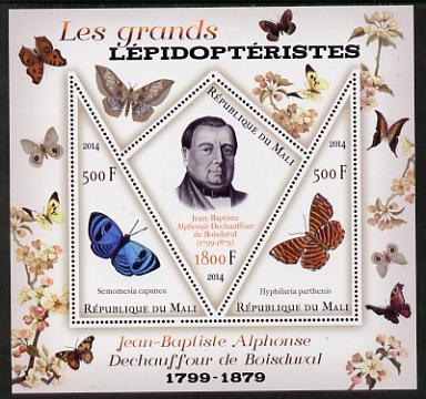 Mali 2014 Famous Lepidopterists & Butterflies - Jean-Baptiste Boisduval perf sheetlet containing one diamond shaped & two triangular values unmounted mint