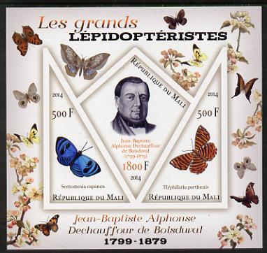 Mali 2014 Famous Lepidopterists & Butterflies - Jean-Baptiste Boisduval imperf sheetlet containing one diamond shaped & two triangular values unmounted mint
