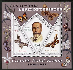 Mali 2014 Famous Lepidopterists & Butterflies - Camille Saint-Saens perf sheetlet containing one diamond shaped & two triangular values unmounted mint