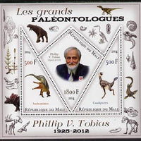 Mali 2014 Famous Paleontologists & Dinosaurs - Phillip V Tobias perf sheetlet containing one diamond shaped & two triangular values unmounted mint
