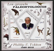 Mali 2014 Famous Paleontologists & Dinosaurs - Phillip V Tobias perf sheetlet containing one diamond shaped & two triangular values unmounted mint
