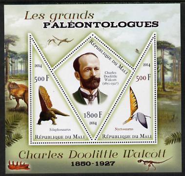 Mali 2014 Famous Paleontologists & Dinosaurs - Charles Doolittle Walcott perf sheetlet containing one diamond shaped & two triangular values unmounted mint