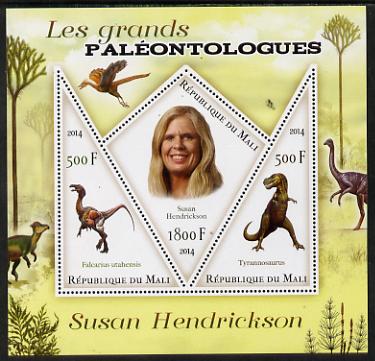 Mali 2014 Famous Paleontologists & Dinosaurs - Susan Hendrickson perf sheetlet containing one diamond shaped & two triangular values unmounted mint