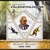 Mali 2014 Famous Paleontologists & Dinosaurs - Robert Broom perf sheetlet containing one diamond shaped & two triangular values unmounted mint