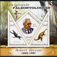 Mali 2014 Famous Paleontologists & Dinosaurs - Robert Broom imperf sheetlet containing one diamond shaped & two triangular values unmounted mint