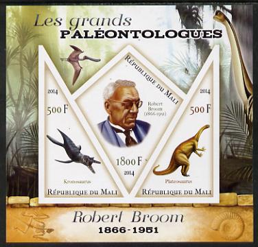 Mali 2014 Famous Paleontologists & Dinosaurs - Robert Broom imperf sheetlet containing one diamond shaped & two triangular values unmounted mint