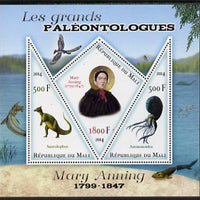 Mali 2014 Famous Paleontologists & Dinosaurs - Mary Anning perf sheetlet containing one diamond shaped & two triangular values unmounted mint