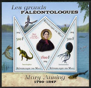 Mali 2014 Famous Paleontologists & Dinosaurs - Mary Anning perf sheetlet containing one diamond shaped & two triangular values unmounted mint