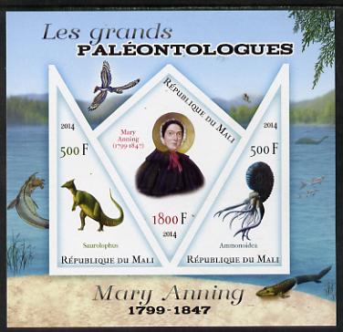 Mali 2014 Famous Paleontologists & Dinosaurs - Mary Anning imperf sheetlet containing one diamond shaped & two triangular values unmounted mint