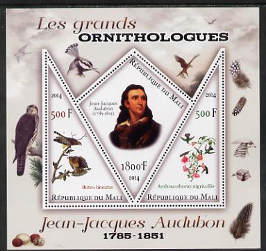 Mali 2014 Famous Ornithologists & Birds - John Audubon perf sheetlet containing one diamond shaped & two triangular values unmounted mint