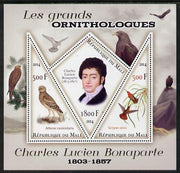 Mali 2014 Famous Ornithologists & Birds - Charles Lucien Bonaparte perf sheetlet containing one diamond shaped & two triangular values unmounted mint
