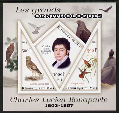 Mali 2014 Famous Ornithologists & Birds - Charles Lucien Bonaparte imperf sheetlet containing one diamond shaped & two triangular values unmounted mint