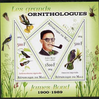 Mali 2014 Famous Ornithologists & Birds - James Bond perf sheetlet containing one diamond shaped & two triangular values unmounted mint