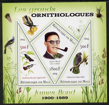 Mali 2014 Famous Ornithologists & Birds - James Bond perf sheetlet containing one diamond shaped & two triangular values unmounted mint