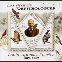 Mali 2014 Famous Ornithologists & Birds - Louis Agassiz Fuertes perf sheetlet containing one diamond shaped & two triangular values unmounted mint