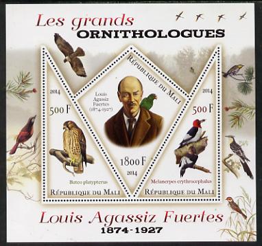 Mali 2014 Famous Ornithologists & Birds - Louis Agassiz Fuertes perf sheetlet containing one diamond shaped & two triangular values unmounted mint