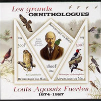Mali 2014 Famous Ornithologists & Birds - Louis Agassiz Fuertes imperf sheetlet containing one diamond shaped & two triangular values unmounted mint