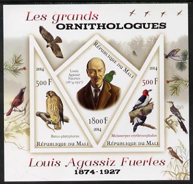 Mali 2014 Famous Ornithologists & Birds - Louis Agassiz Fuertes imperf sheetlet containing one diamond shaped & two triangular values unmounted mint