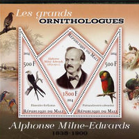 Mali 2014 Famous Ornithologists & Birds - Alphonse Milne-Edwards perf sheetlet containing one diamond shaped & two triangular values unmounted mint