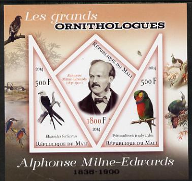 Mali 2014 Famous Ornithologists & Birds - Alphonse Milne-Edwards imperf sheetlet containing one diamond shaped & two triangular values unmounted mint