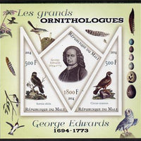 Mali 2014 Famous Ornithologists & Birds - George Edwards imperf sheetlet containing one diamond shaped & two triangular values unmounted mint