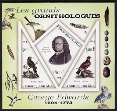 Mali 2014 Famous Ornithologists & Birds - George Edwards imperf sheetlet containing one diamond shaped & two triangular values unmounted mint