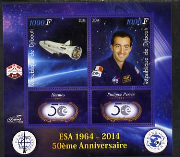 Djibouti 2014 50th Anniversary of European Space Agency - Hermes & Philippe Perrin perf sheetlet containing 2 values plus 2 label unmounted mint