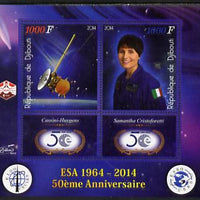 Djibouti 2014 50th Anniversary of European Space Agency - Cassini-Huygens & Samantha Cristoforetti perf sheetlet containing 2 values plus 2 label unmounted mint