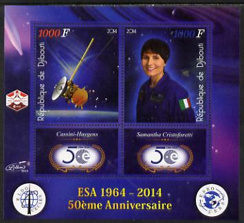 Djibouti 2014 50th Anniversary of European Space Agency - Cassini-Huygens & Samantha Cristoforetti perf sheetlet containing 2 values plus 2 label unmounted mint