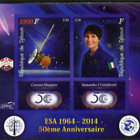 Djibouti 2014 50th Anniversary of European Space Agency - Cassini-Huygens & Samantha Cristoforetti imperf sheetlet containing 2 values plus 2 label unmounted mint