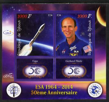 Djibouti 2014 50th Anniversary of European Space Agency - Vega & Gerhard Thiele perf sheetlet containing 2 values plus 2 label unmounted mint