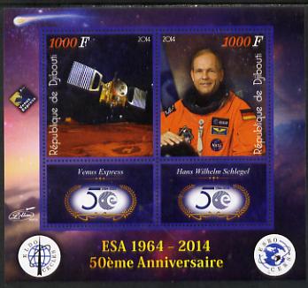 Djibouti 2014 50th Anniversary of European Space Agency - Venus Express & Hans Wilhelm Schlegel perf sheetlet containing 2 values plus 2 label unmounted mint