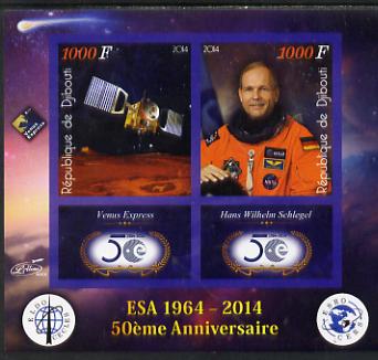Djibouti 2014 50th Anniversary of European Space Agency - Venus Express & Hans Wilhelm Schlegel imperf sheetlet containing 2 values plus 2 label unmounted mint