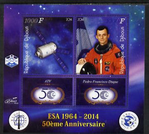 Djibouti 2014 50th Anniversary of European Space Agency - ATV & Pedro Francisco Duque perf sheetlet containing 2 values plus 2 label unmounted mint